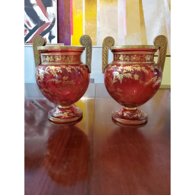 Ruby Red Antique Bohemian Glass Moser Ruby Urns Plaque Decor- a Pair For Sale - Image 8 of 10