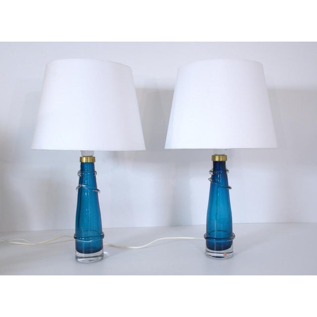 Rare Swedish Art Glass Table Lamps by Carl Fagerlund for Orrefors, 1950s. Fine pair art glass table lamps with brass top...