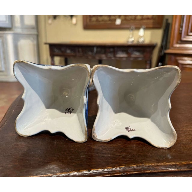 Pair of Mid-Century French Rouen Faience Candlesticks With Floral Decor For Sale In Dallas - Image 6 of 6