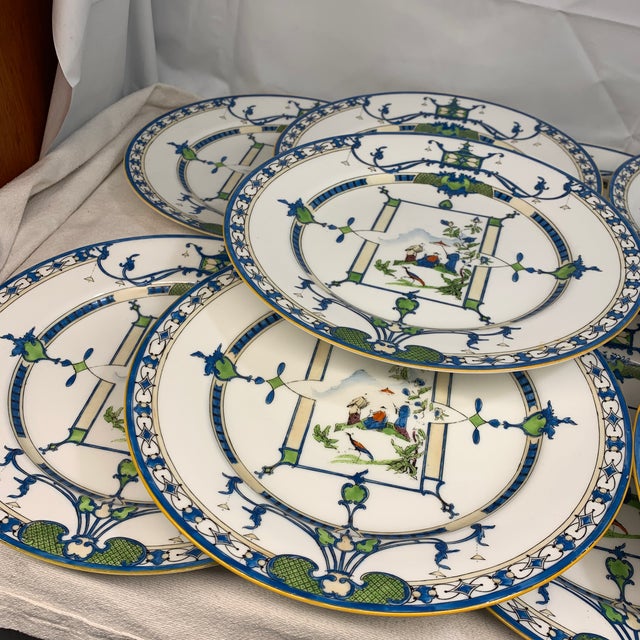 Royal Worcester Vintage Royal Worcester Chinoiserie Blue & Green Plate Set - Set of 12 For Sale - Image 4 of 7