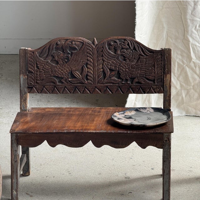 Mini Bench with Carved Backrest, 1980s For Sale - Image 17 of 18