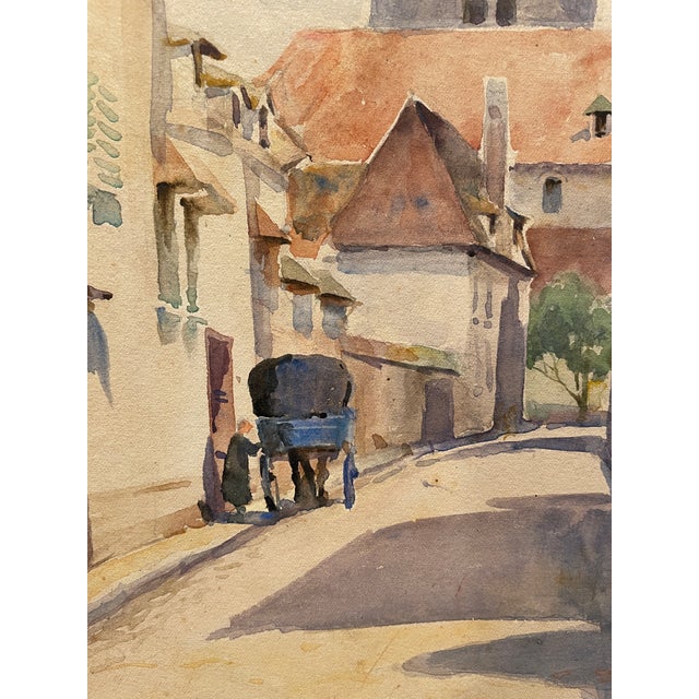 Watercolor on board, circa 1910 of a street in France, inscribed on the back "St. Etienne" and "Lt Commander Cobb."...