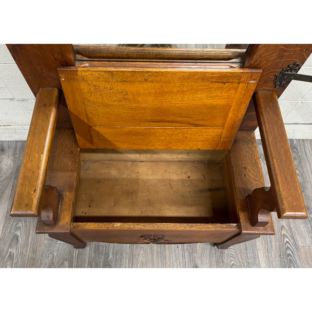 Wood Antique Victorian Carved Tiger Oak Hall Tree With Mirror and Storage For Sale - Image 7 of 17