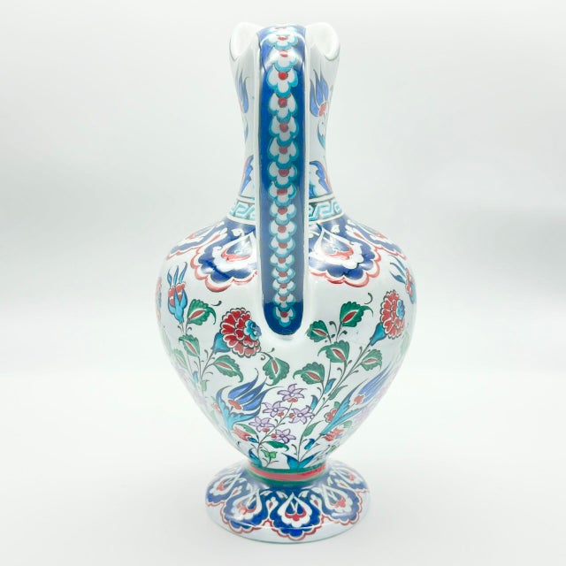 Ceramic Handmade Ceramic Pitcher Vase (30cm) Traditional “Ewer” Form with Handle – Colorful Floral Pattern & Geometric Neck Border For Sale - Image 7 of 10