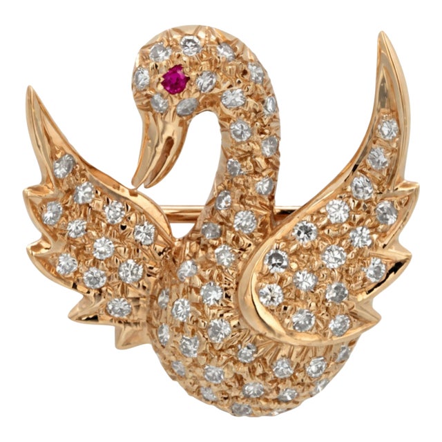Vintage 14k Yellow Gold Swan Brooch With Diamonds and Rubies For Sale