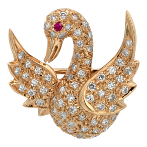 Vintage 14k Yellow Gold Swan Brooch With Diamonds and Rubies