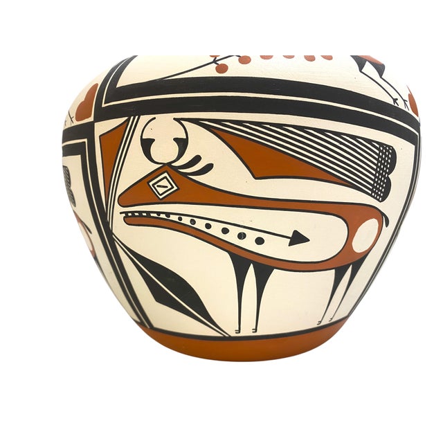 Large Adrian Vallo (Acoma Pueblo) New Mexico Native American Olla Jar/Vase With Heartline Deer and Bird Motif For Sale - Image 4 of 13