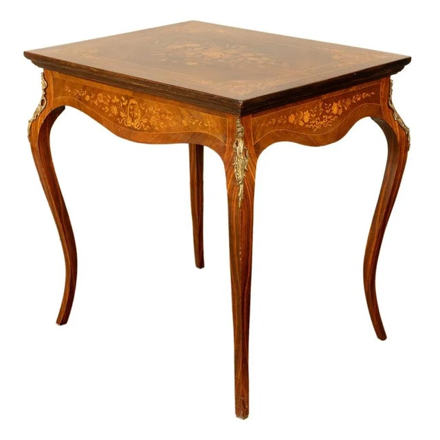 Brown Antique Louis XV Ormolu Mounted Inlaid Marquetry Rosewood Center Side Table 1890 For Sale - Image 8 of 14