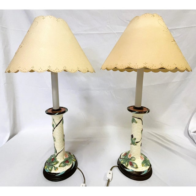 Ceramic Vintage Italian Ceramic Majolica Candlestick Lamps With Pierced Paper Lampshades- Set of 2 For Sale - Image 7 of 12
