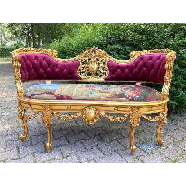 1950s French Louis XVI Gold Beech Velvet Settee For Sale - Image 10 of 13