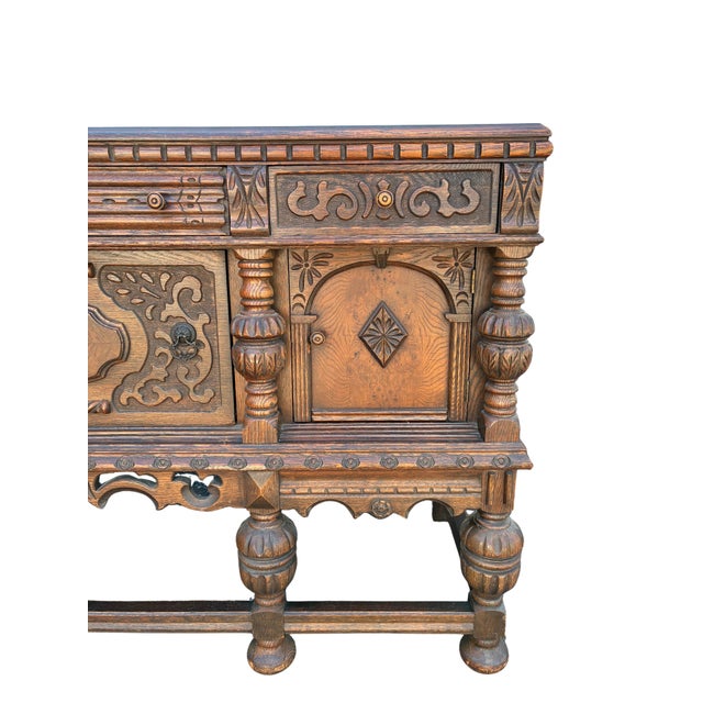 Early 20th Century Jacobean Revival Carved Oak Buffet Sideboard For Sale In Charlotte - Image 6 of 12