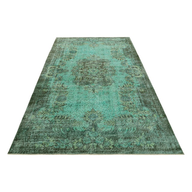 1960s Vintage Zeki Müren Rug in Turquoise With Green Floral Medallion | Rug & Kilim For Sale - Image 5 of 7