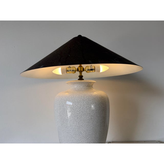 1980s Postmodern Crackle Glazed Ceramic Table Lamp With Metal Conical Shade For Sale - Image 4 of 12