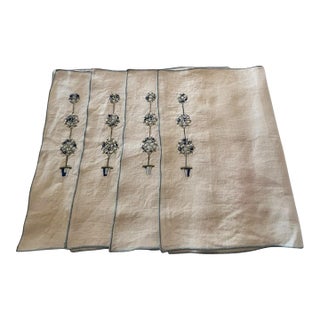 Set of 4 Vintage Dinner Placemats Embroidered Blue Floral Linen Farmhouse French Country Traditional Spring Easter For Sale