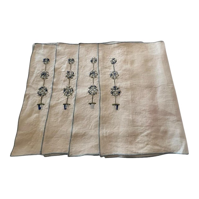 Set of 4 Vintage Dinner Placemats Embroidered Blue Floral Linen Farmhouse French Country Traditional Spring Easter For Sale