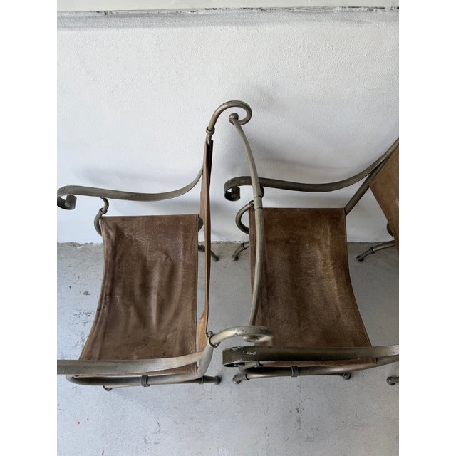 Late 20th Century Leather and Iron Scroll Dining Arm Chairs For Sale - Image 4 of 12