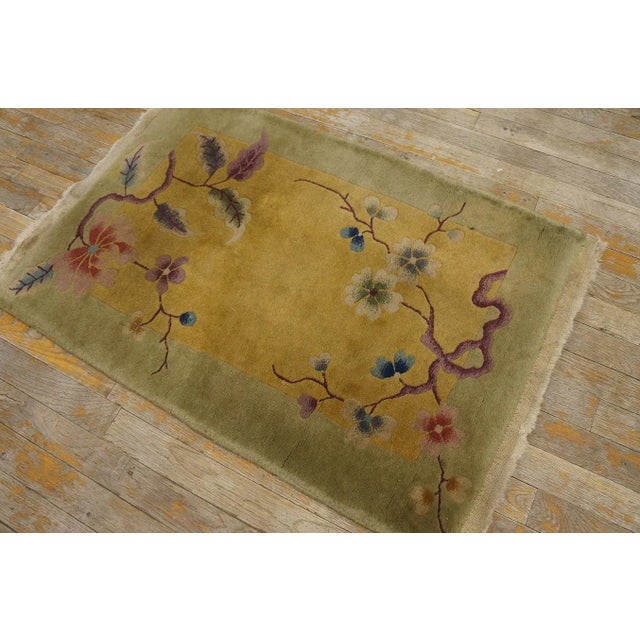 Art Deco 1920s Goldenord Floral Antique Chinese Art Deco Carpet 2' X 3' Knotted Wool Rug For Sale - Image 3 of 9
