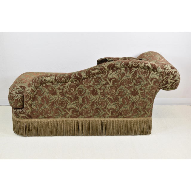 Asymmetrical Upholstered Chocolate Olive Velvet French Chaise with Fringe For Sale - Image 6 of 10