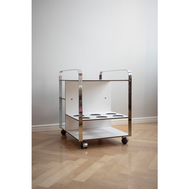 Postmodern Chrome Framed White Serving Cart on Wheels, 1980s For Sale - Image 6 of 8