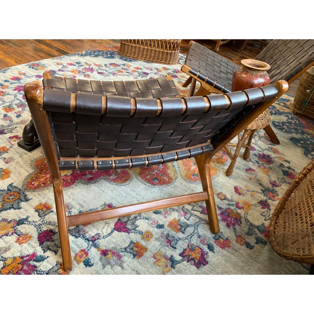 MidCentury Modern Teak Scandinavian Woven Leather Strap Lounge Chairs