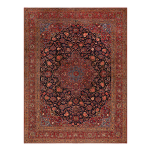 Inspiring Navy Blue and Red Color With Central Medallion Design Antique Kashan Rug
