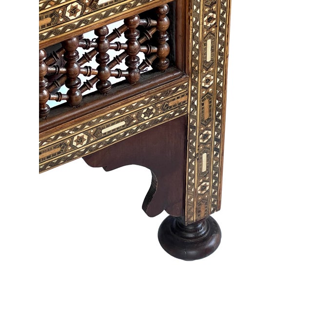 1950s Pair of Moroccan Carved and Inlaid Square Leather Upholstered Stools For Sale - Image 5 of 8