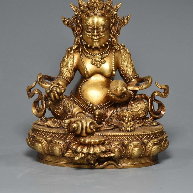 Late 20th Century Vintage Gilt Bronze Yellow Jambhala Statue God of Wealth Altar Sculpture 4.3" For Sale - Image 5 of 9
