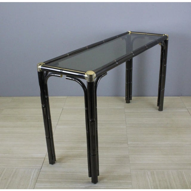 Mid Century Faux Bamboo Metal Console With Glass Top For Sale - Image 9 of 9