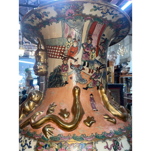 Large 1940s Chinese Dragon Porcelain Gilt Floor Vase With Stand For Sale - Image 10 of 12