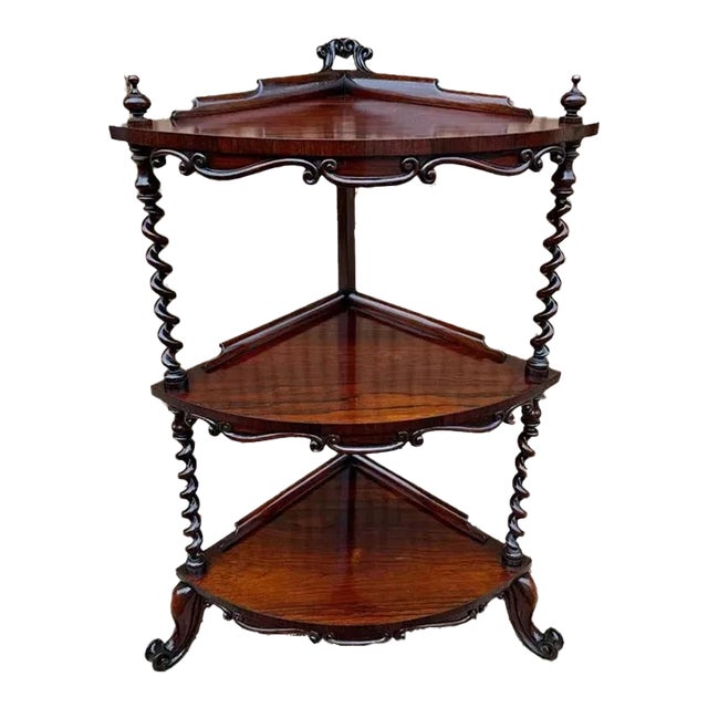 Antique Victorian Style Rosewood 3 Tier Corner Shelves Etageres Whatnot. For Sale