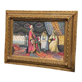 Large Vintage Signed “Chami” Orientalist Oil Painting in Gilt Frame For Sale