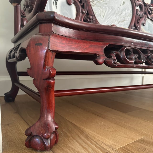 Chinese Carved Hardwood Dragon Settee With Three Dali Dreamstone Marble Panels, Mid-20th Century For Sale - Image 4 of 12