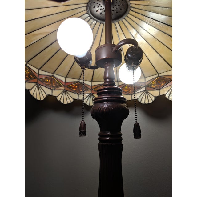 Metal Vintage Arts and Crafts Style Slag Glass Table Lamps- A Pair For Sale - Image 7 of 8