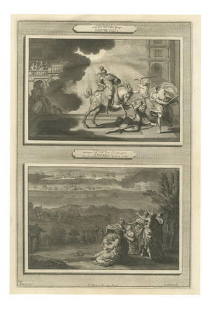 Pieter Mortier, Heliodorus Scourged and Armies in the Sky Over Jerusalem, 1700, Engraving