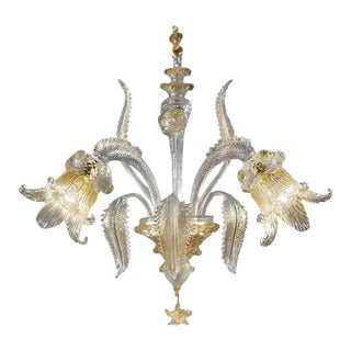 Italian Luxury Wall Sconce in Clear Murano Glass With Gold Floral Motifs For Sale