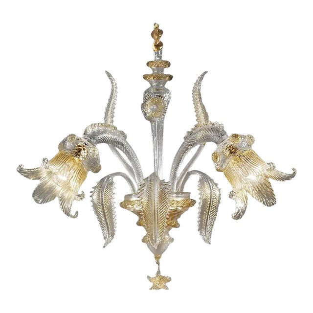 Italian Luxury Wall Sconce in Clear Murano Glass With Gold Floral Motifs For Sale