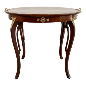 Vintage Queen Anne Style Wood Side Table With Brass Decoration