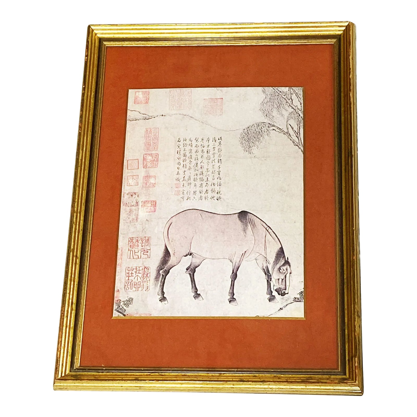 Vintage Chinese Print of a Tang Horse Framed 21