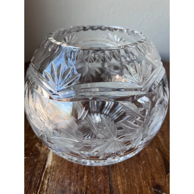 Vintage Etched and Cut Crystal Glass Rose Bowl Thumbrint design at the rim of the bowl and Floral Etched motif 3.5”...