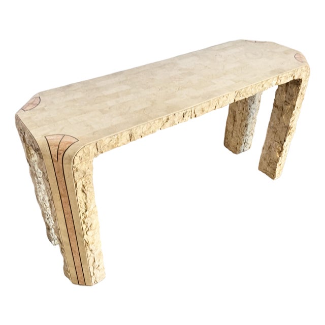 Postmodern Tessellated Beige and Pink Stone Console Table With Brass Inlay For Sale
