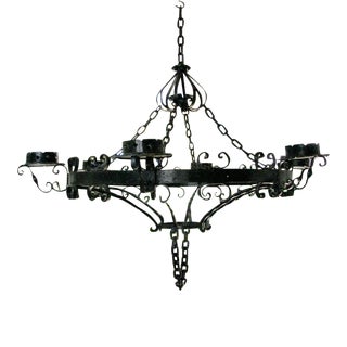 Gothic Spanish Revival 42” Iron Chandelier Six Candle Lights C1920 Hand Wrought For Sale