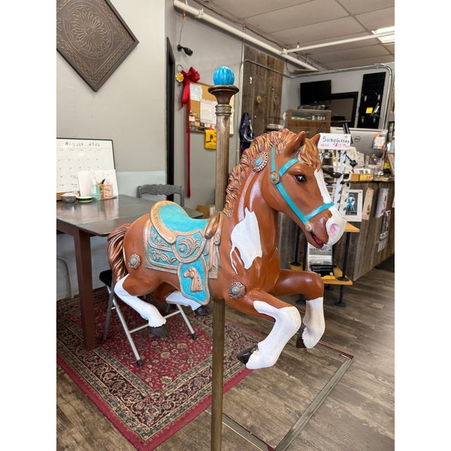 Hand Painted Antique Carousel Horse With Brass Torchiere Stand For Sale - Image 14 of 16