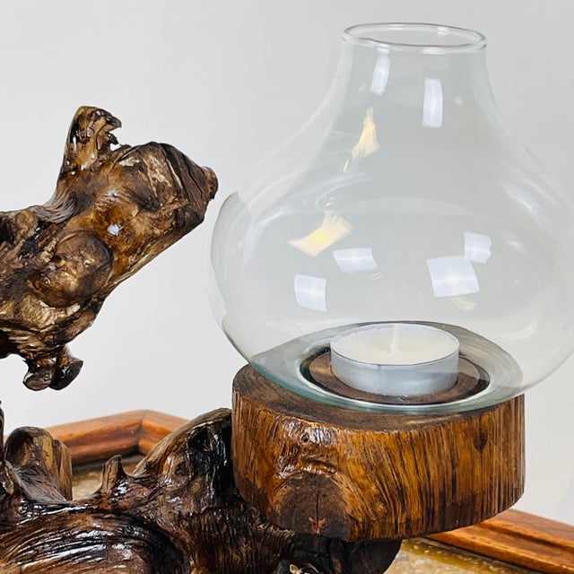 Coastal Large Varnished Driftwood and Hurricane Glass Candelabra For Sale - Image 3 of 6