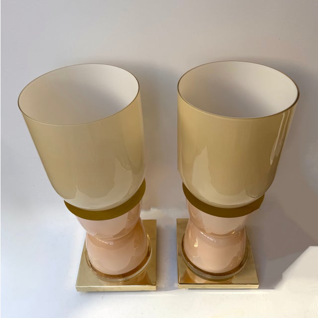 Pink Contemporary Brass and Pink Powder Murano Glass Cup Lamps - Pair For Sale - Image 8 of 12