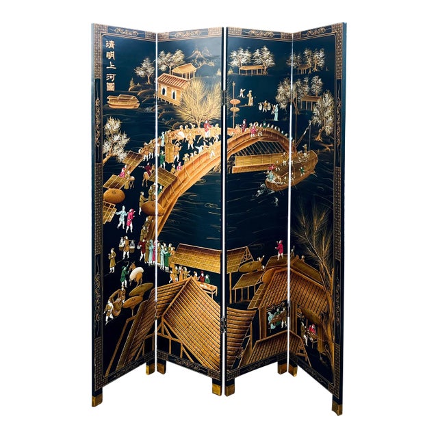 1980s Chinoiserie Black Lacquer & Gilt Screen Att. To