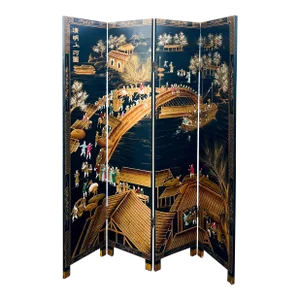1980s Chinoiserie Black Lacquer & Gilt Screen Att. To Decorative Crafts - 4 Panel Wall Art