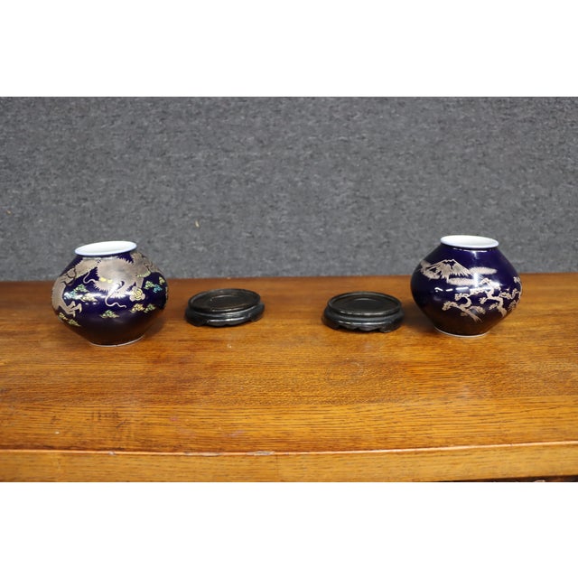 Pair of Japanese Cobalt Blue Porcelain Vases With Copper Overlay For Sale - Image 4 of 12