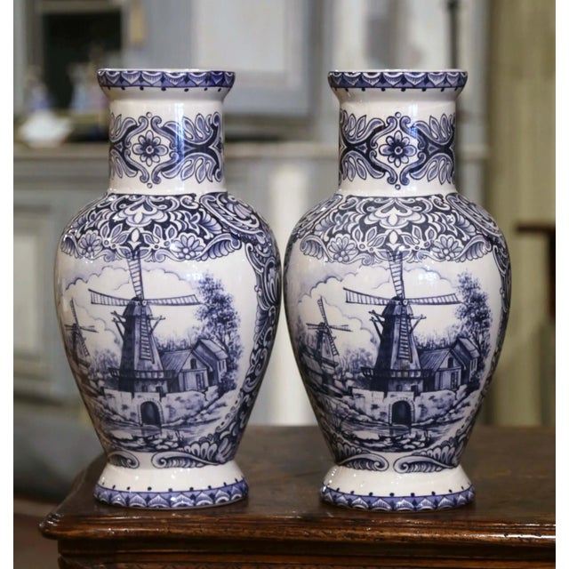 Early 20th Century Pair of Early 20th Century Dutch Blue and White Hand Painted Faience Delft Vases For Sale - Image 5 of 12