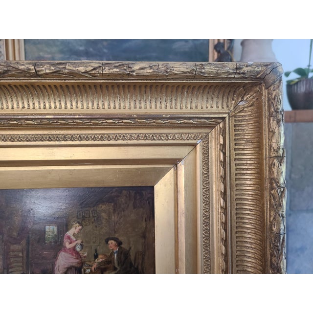 Antique 19th Century Oil Painting Rustic Cottage Interior Husband Wife & Dog For Sale - Image 9 of 12