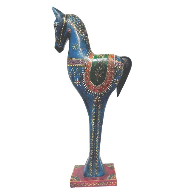 1960s 1960s Handcrafted 19" Wood Horse Statue for Tabletop Decor | Vibrant Hand Painted Indian Folk Art Sculpture | Unique Equestrian Housewarming Gift For Sale - Image 5 of 5